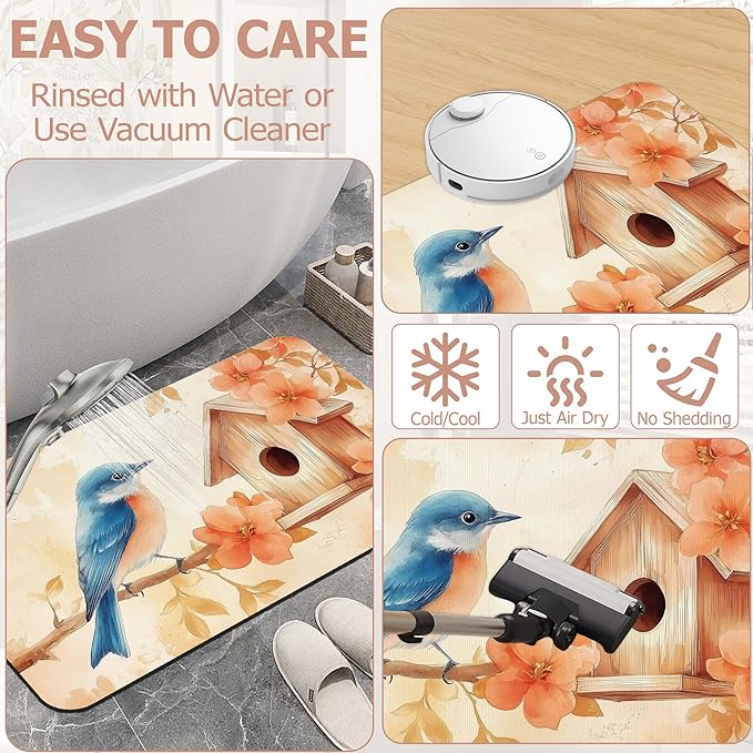 Bath Mat,Blue Bird Bathroom Rugs,Quick-Drying Non-Slip Rubber Bath Mats Fall Leaves Absorbent Diatomaceous Earth Mat for Bathroom Home Decor 17"x29.5"