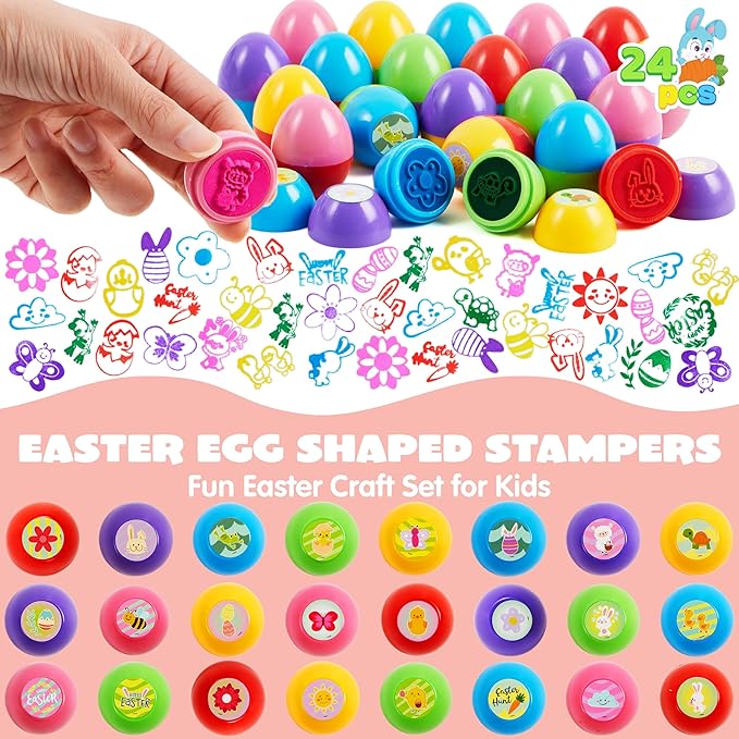 JOYIN 24Pcs Easter Egg Stampers Toys for Easter Eggs Hunt Game, Basket Stuffers Fillers, Kids Party Favor, Assorted Self-ink Stamp for Classroom Exchange and Prize Supplies Gifts