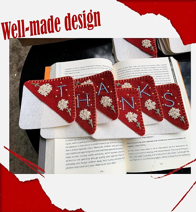 Personalized Hand Embroidered Corner Bookmark, Bookmarks for Women, Personalized Bookmark for Books, Cute Flower Book Mark, Hand Stitch Gift for Women for Book Lovers by HNQCPCVU (S, RED)
