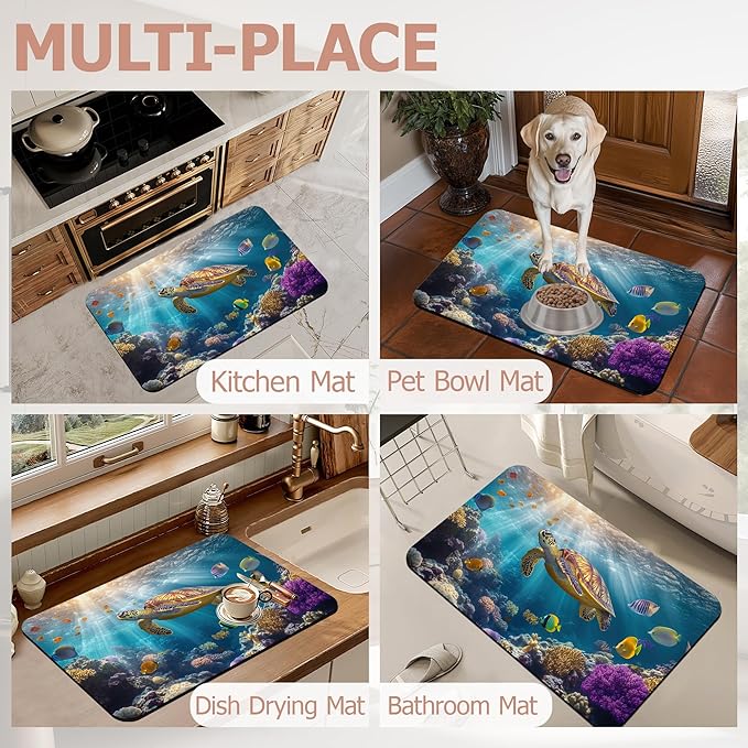Diatomaceous Earth Bath Mat,Sea Turtle Bath Rugs,Fish Coral Colorful Non-Slip Thin Absorbent Fast Drying Easy to Clean for Bathroom Laundry Home Kitchen Door Mat 17x29.5Inch