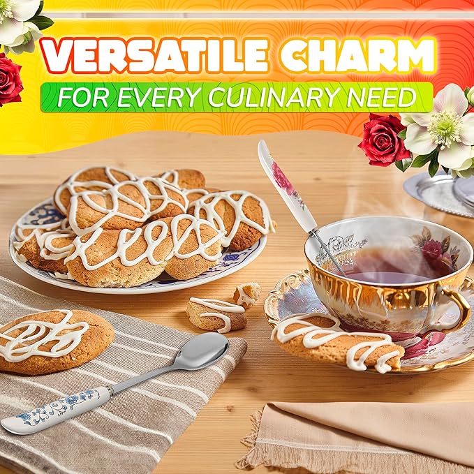 6 PCs Ceramic Handle Coffee Spoons Set – 6.1" Small Dessert Spoons with Floral Design – Stainless Steel Tea & Dessert Sugar Spoon for Coffee Bar, Espresso, Hot Drinks | Kitchen Gift Set for Women