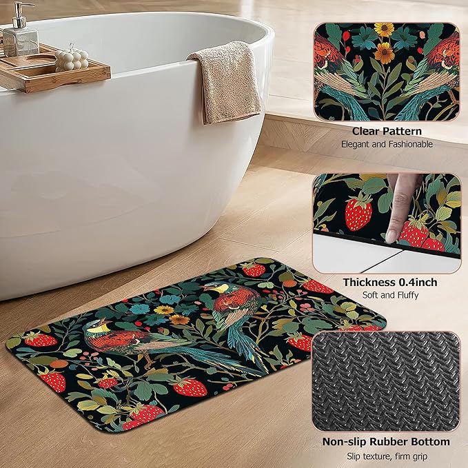 Bath Mat,Strawberry Bird Bathroom Rugs,Quick-Drying Non-Slip Rubber Bath Mats Flower Leaf Absorbent Diatomaceous Earth Mat for Bathroom Home Decor 17"x29.5"