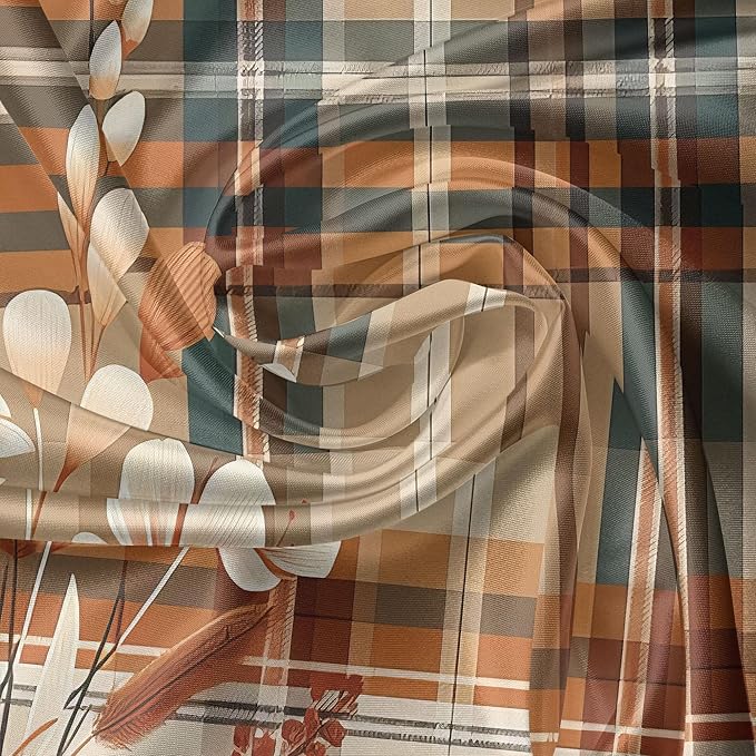 Ambesonne Botanical Valance & Tier Curtain 3 pcs Set, Rustic Plaid Tartan Squares and Meadow Blossoms Gentle Floral Bouquets, Window Treatments for Kitchen Room Decor, 55" x 30", Orange Tan Grey Teal