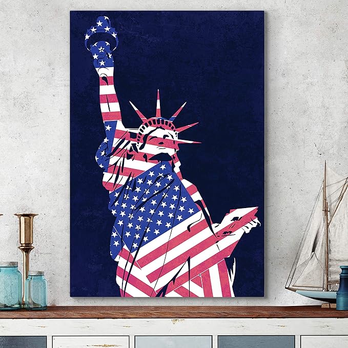 Renditions Gallery Canvas Nationalist Wall Art Home Paintings & Prints Artwork Flag Draped Liberty Statue Patriotic Wall Hanging Decorations for Bedroom Office Kitchen - 30"x40" LT25