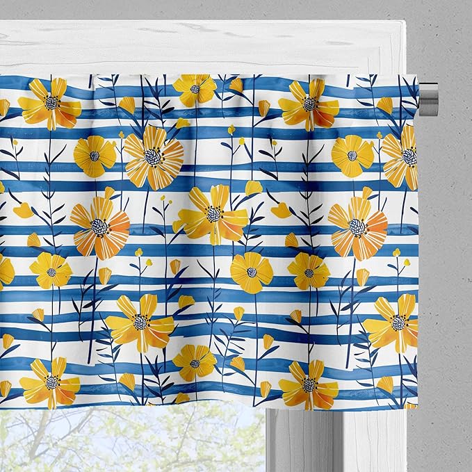 Ambesonne Floral Window Valance, Summer Inspired Expressionist Look Leafy Flower Garden with Stripes, Curtain Valance for Kitchen Bedroom Decor with Rod Pocket, 42" x 12", Mustard Cobalt Blue White