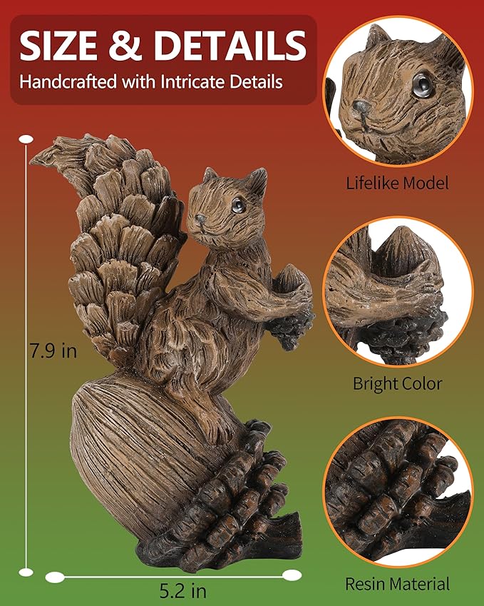 Handcrafted Resin Squirrel Figurine on Pinecone - 8'' Woodland Animals Statue for Fall Winter Spring Summer Christmas Decor (Squirrel)