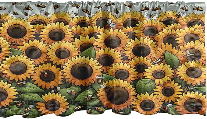 Ambesonne Sunflowers Window Valance Pack of 2, Summertime Inspired Farmhouse Floral Huddle with Leaves and Bees Print, Rod Pocket Curtain Valances Kitchen Bedroom, 54" X 18",Mustard Reseda Green