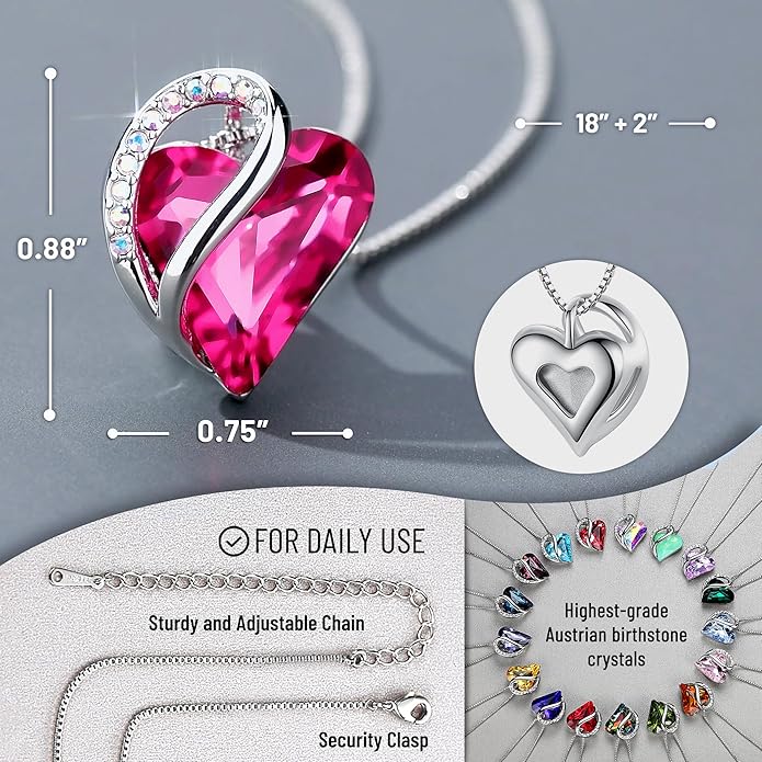 Leafael Valentine's Day Gift Necklaces for Women, Infinity Love Birthstone Heart Crystal Pendant, Birthday Anniversary Jewelry for Wife, Mom, and Her, Silver Plated, 18" + 2" Adjustable Chain