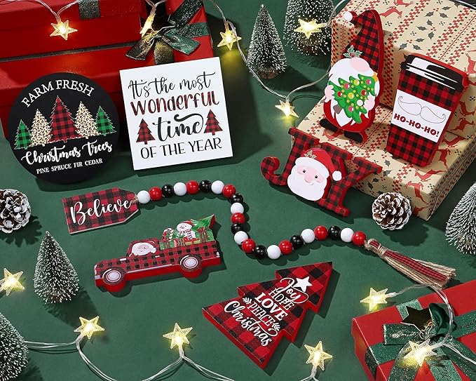 Christmas Tiered Tray Decor 8 PCS Xmas Decorations Indoor - Believe Merry Christmas Table Decor Wooden Signs - Xmas Farmhouse Decor 3 Tier or 2 Tier for Home Room Kitchen Mantel Holiday