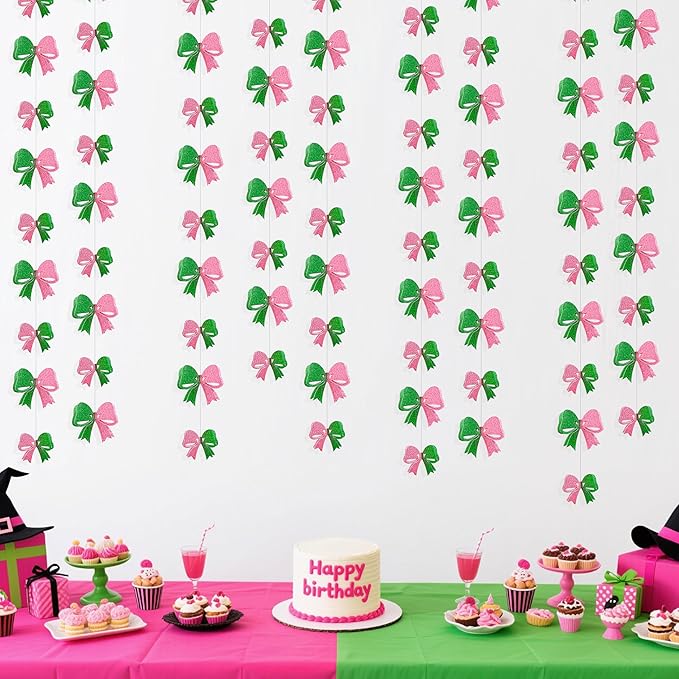 6PCS Pink and Green Party Decorations 3D Green Pink Conquette Bow Garland Witch Party Decorations Double Layer Bow Banner Streamers for Girls Witch Kids Wizard Birthday Baby Shower Decor Supplies