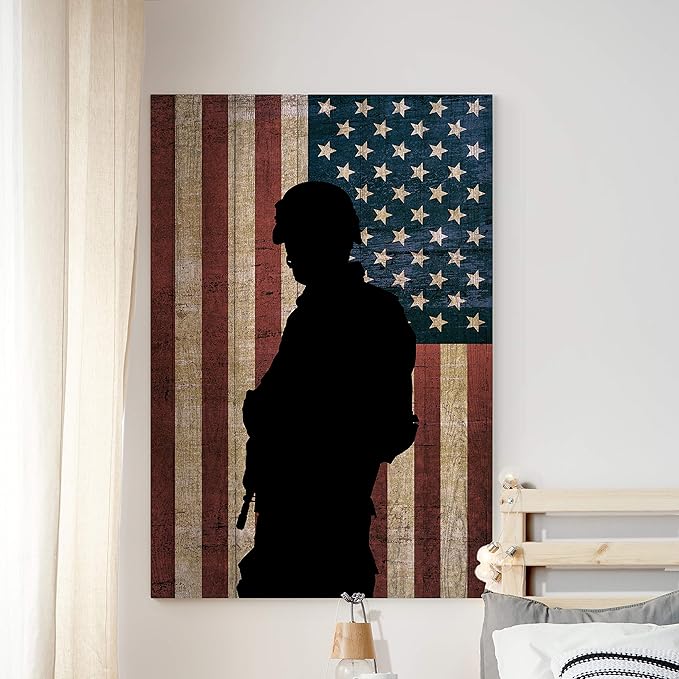 Renditions Gallery Canvas Figurative Wall Art Home Paintings Artwork Dark Veteran Silhouette Modern Black & White American Military Decorations for Office Bedroom Kitchen - 24"x32" LT25
