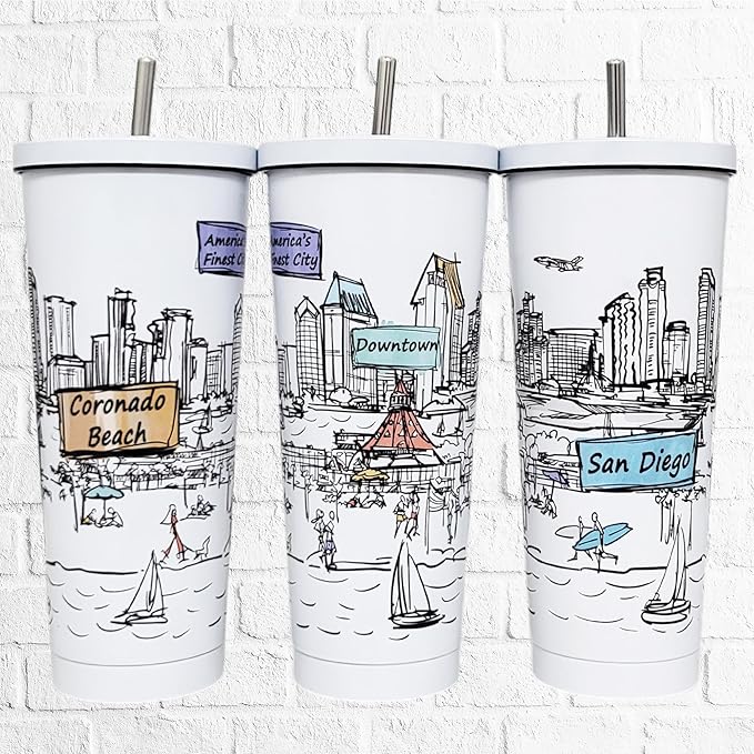 Cities Around the World 25 Oz Tumbler Series- Designed in the USA- Vacuum Insulated Tumbler with Lids Straw - Stainless Steel Coffee Water Travel Mug, Cup for Hot Cold Drink (San Diego)