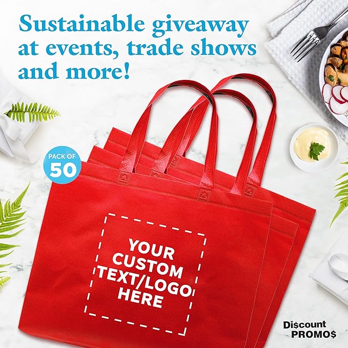 DISCOUNT PROMOS Custom Jumbo Sized Tote Bags Set of 50, Personalized Bulk Pack - Reusable Grocery Bags, Shopping Bags, Promotional Item Totes for Women - Red