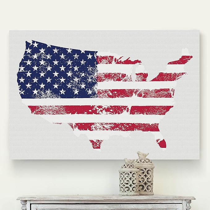 Renditions Gallery Canvas Patriotic Wall Art Home Paintings & Prints Vintage Faded American Flag Glam Modern White American Map Decorations for Bedroom Office Kitchen - 30"x40" LT25