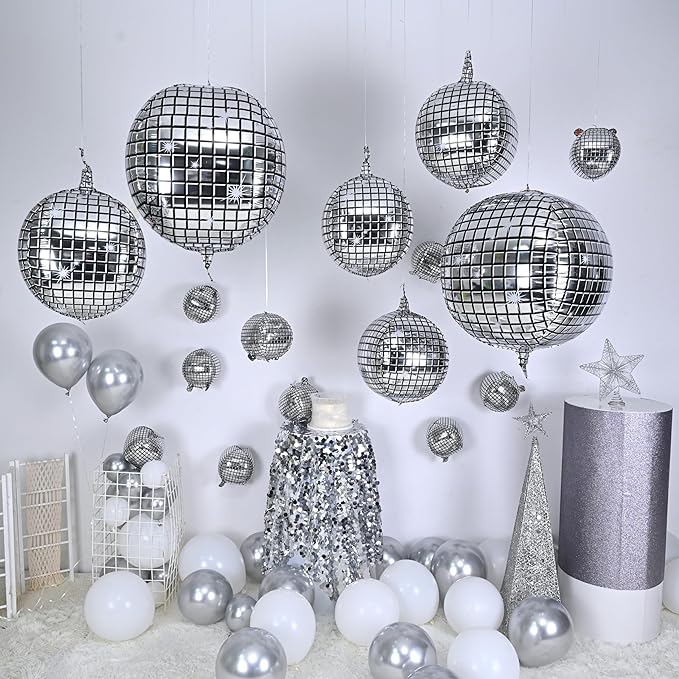 16PCS Disco Ball Balloons, 32in 22in 10in Large 4D Metallic Silver Disco Balloons Foil Balloon for 70s 80s 90s Discos Party Birthday New Year Graduation Party Decorations