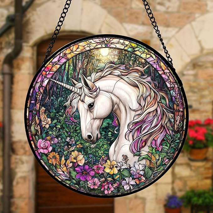 Stained Glass Window Hanging, Unicorn Flowers Suncatcher for Doors Home Sun Catchers Decoration and Christmas, Mother's Day Birthday Gifts for Women, Men, and Mom 9.8 in