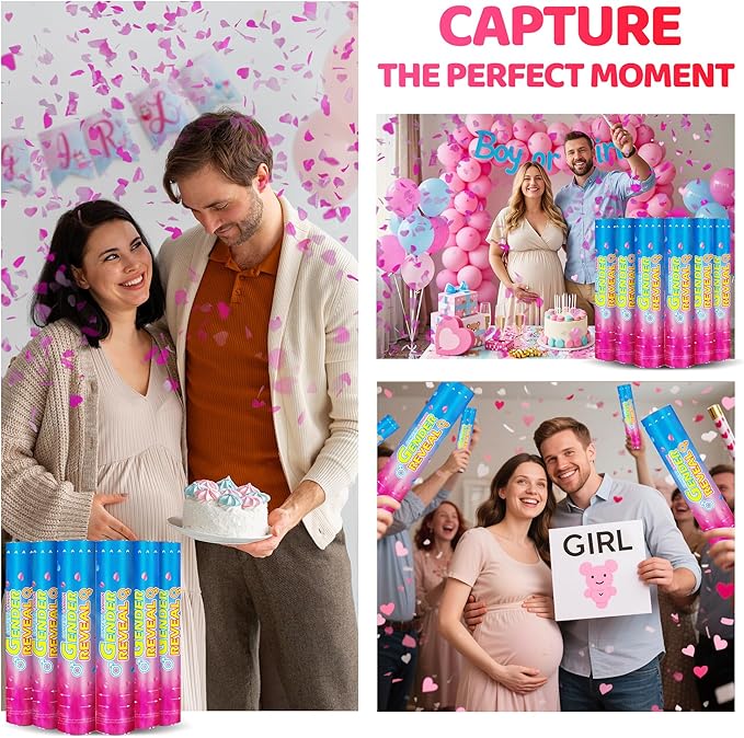Gender Reveal Confetti Cannons – 6 Pack Pink Party Poppers – Baby Girl Gender Reveal Cannon Kit with Heart-Shaped Confetti – Easy Twist Shooters for Baby Reveal Party Decorations (Pink)