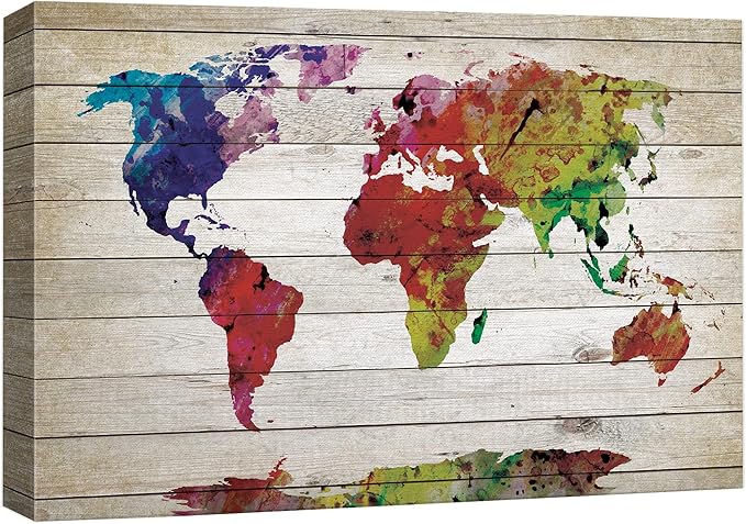 wall26 Canvas Print Wall Art Watercolor Style Rainbow Wood Panel World Map Architecture & Maps Cultural Illustrations Modern Art Traditional for Living Room, Bedroom, Office - 12"x18"