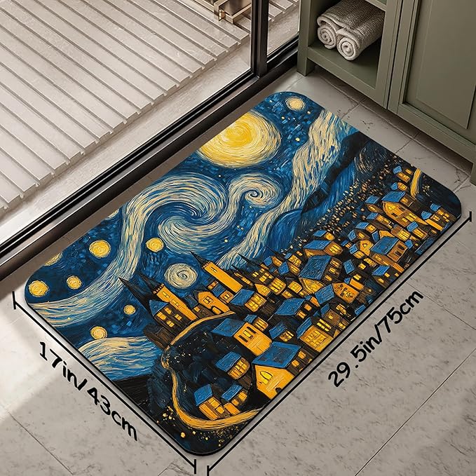 Bathroom Rug 29.5"x17",Night Sky Village Bath Mat with Non-Slip Rubber Backing, Quick-Drying Absorbent Thin Floor Mat for Bathroom, Shower, Sink, or Kitchen