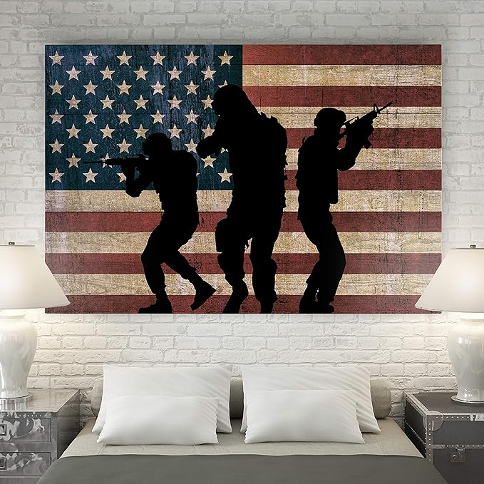 Renditions Gallery Military Canvas Wall Art Home Paintings Artwork American Patriotic Marines Modern Black Veteran Flag Wall Hanging for Bedroom Office Kitchen Prints - 16"x20" LT25