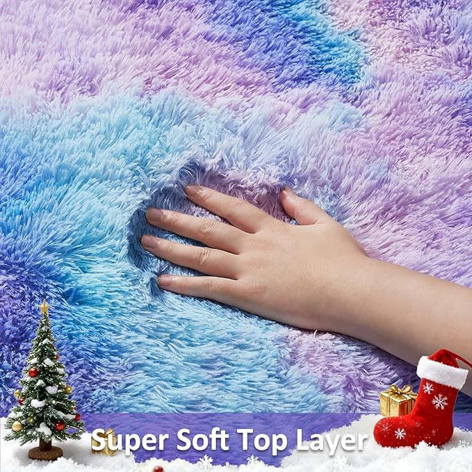 Ophanie Rainbow Purple Rug for Bedroom Girls, Kids Fluffy Kawaii Fuzzy Furry Shag Area Rug, Cute Plush Soft Shaggy Bedside Indoor Floor 4x6 Carpet for Teen Nursery Dorm Home Room Decor Aesthetic