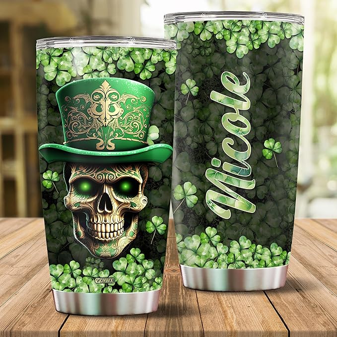 Personalized Skull Leprechaun Shamrock St Patricks Tumbler Coffee Cup Water Bottle Gift for Men Women Him Her 20oz Stainless Steel Insulated Travel Mug with Lid