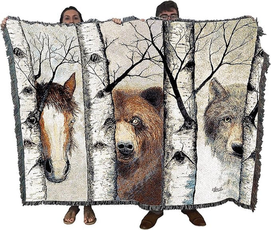 Pure Country Weavers Trio Horse Bear Wolf Blanket by John Saunders - Wildlife Lodge Cabin Gift Tapestry Throw Woven from Cotton - Made in The USA (72x54)