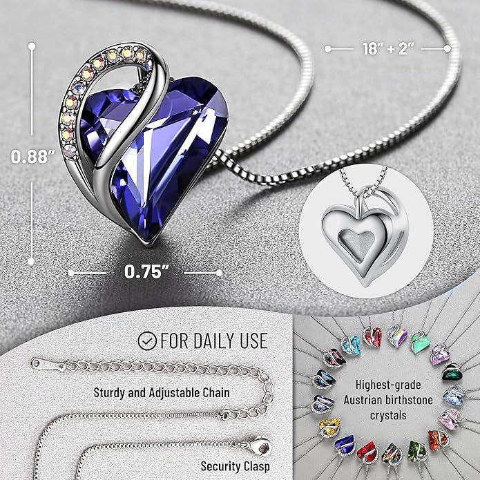 Leafael Valentine's Day Gift Necklaces for Women, Infinity Love Birthstone Heart Crystal Pendant, Birthday Anniversary Jewelry for Wife, Mom, and Her, Silver Plated, 18" + 2" Adjustable Chain