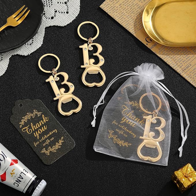 24 pcs 13th Gold Keychain Bottle Opener Birthday Party Favors for Guests,13th Beer Bottle Opener Favors Bulk for 13 Birthday Anniversary Souvenirs Party Decor Supplies (Gold 13th)