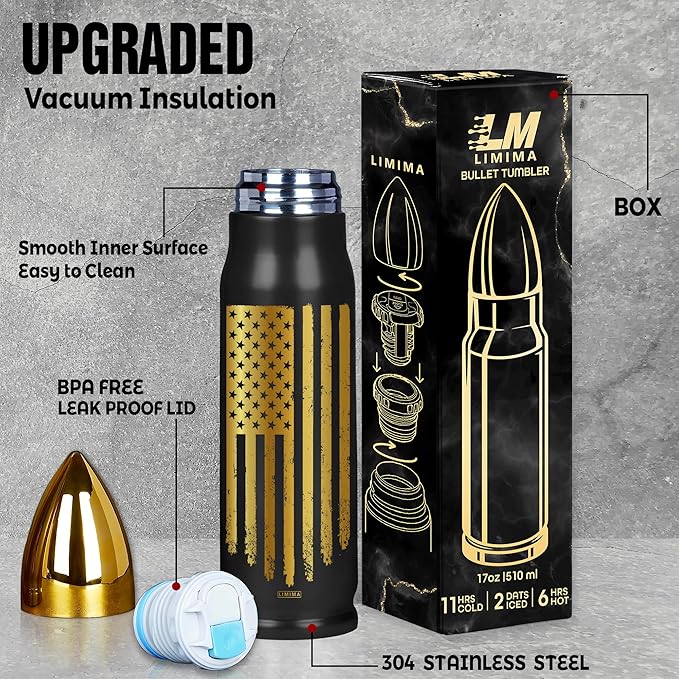 Black and Gold American Flag Stainless Steel Tumbler – 17oz Vacuum Insulated Tumbler – Patriotic Christmas, Birthday & Retirement Gifts for Veterans, Military, Police, Firefighters, USA Pride