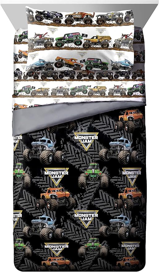Jay Franco Monster Jam Tracks 5 Piece Full Bed Set - Includes Comforter & Sheet Set - Bedding Features Grave Digger &,Megalodon - Super Soft Fade Resistant Microfiber (Official Monster Jam Product)