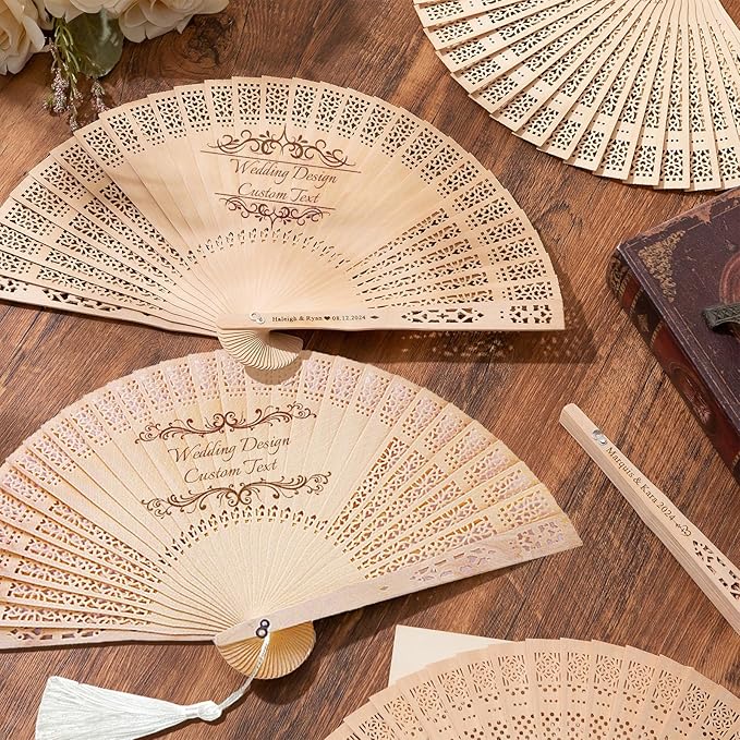 Personalized Wedding Fans for Guests Custom Wooden Folding Handheld Fans Bulk with Organza Bags Tassels for Wedding Graduation Party (50)