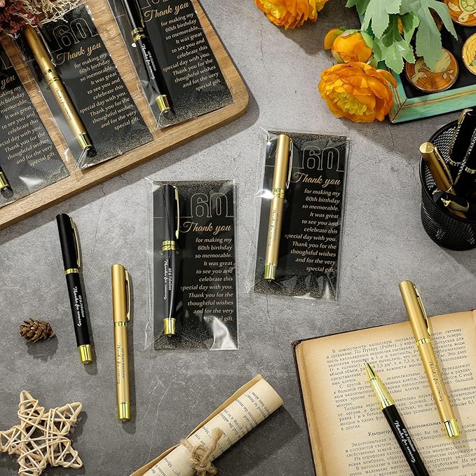 50 Set 60th Birthday Party Favor for Guest Anniversary Party Favor with Black and Gold Ballpoint Pens and Thank You Cards for Women Men Birthday Anniversary Appreciation Gifts