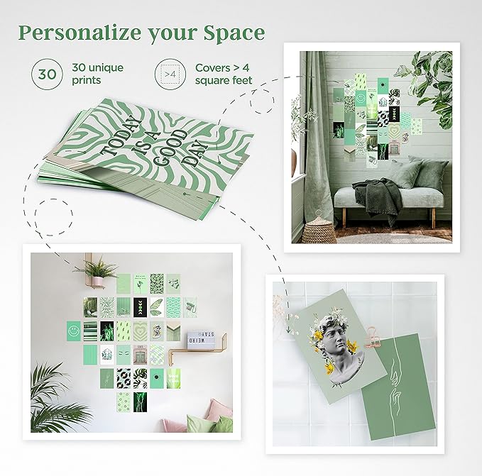 HAUS AND HUES Sage Green Wall Decor - Green Wall Art Aesthetic Posters for Wall Collage, Aesthetic Collage Kit Sage Wall Decor (4" x 6", Set of 30)