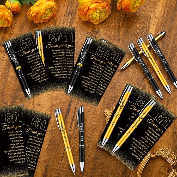 25 Sets 60th Birthday Themed Party Favors for Guests Including Birthday Ballpoint Pens and Black Gold Thank You Cards for Guests New Year Anniversary Appreciation Gifts