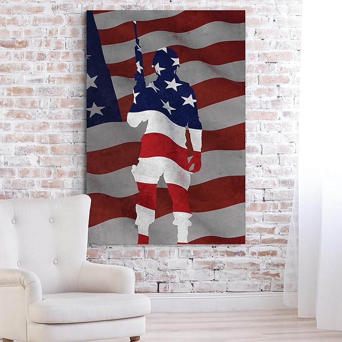 Renditions Gallery Canvas Patriotic Wall Art Paintings & Prints Artwork Proud Flag Draped Veteran Modern American Soldier Wall Hanging Decor for Dining Room Office Kitchen - 36"x48" LT25