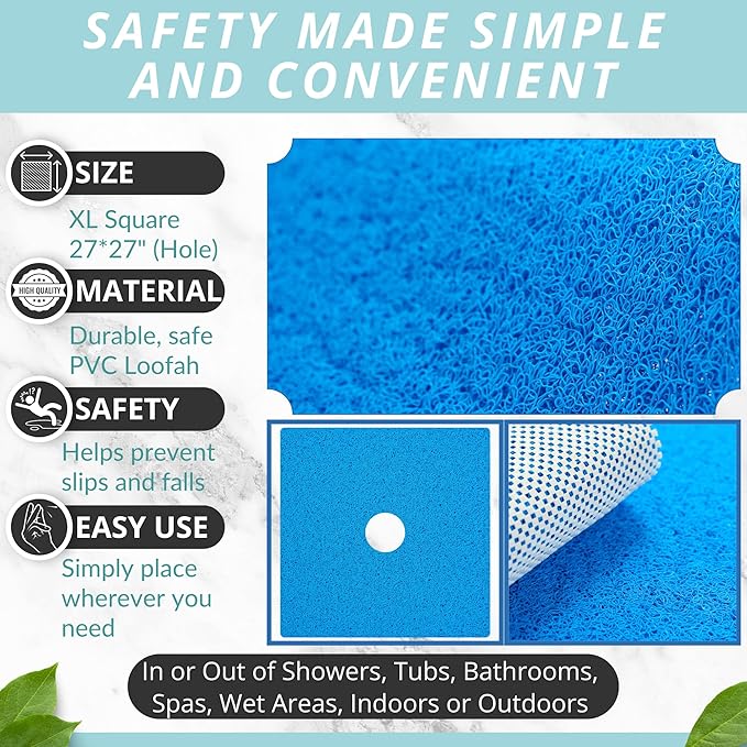 Enkosi Loofah Shower Mat with Drain Hole – Cushioned Anti-Slip Square Bath Mat for Showers, and Bathroom Floors – Textured PVC, Non Slip Safety Pad for Walk-in Stalls and Wet Areas (27x27 Blue)