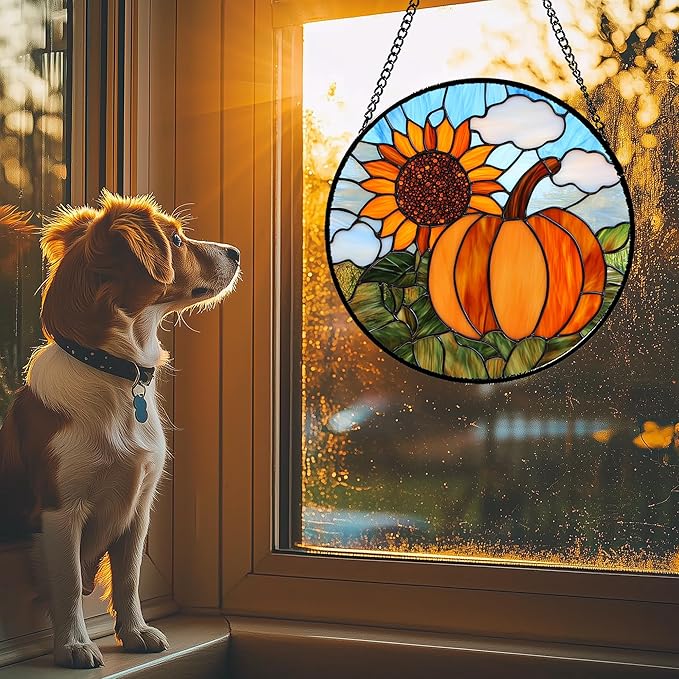 Stained Glass Window Hanging Fall Farm Scenery Sunflower Pumpkin Large 15" - Suncatcher Door Garden Kitchen Sunroom Sun Catcher Home Decor Birthday for Mom Grandma Men Woman