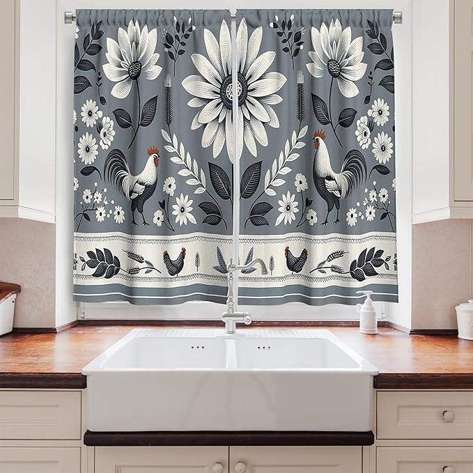 Ambesonne Cottagecore Kitchen Curtains, Cold Floral Art with Leaves Rooster Illustration Line Detail Bohemian, Window Drapes 2 Panel Set for Kitchen Cafe Decor, 55" x 24", Blue Grey and Off White