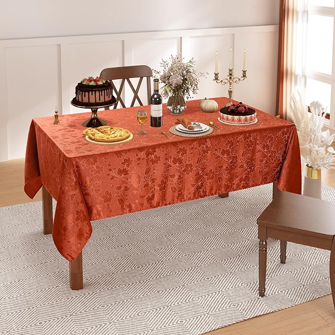 misaya Rectangle Thanksgiving Tablecloth, Waterproof Jacquard Fall Table Cloth, Damask Cloth Table Cover for Harvest Decor (60" x 120", Rust Maple Leaf)