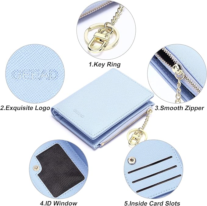 GEEAD Small Wallets for Women Bifold Slim Coin Purse Zipper ID Card Holder PU Leather Blue