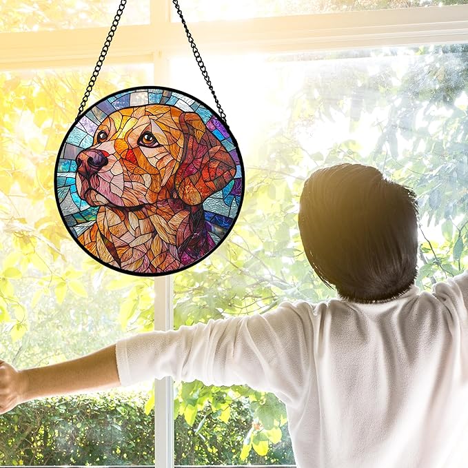 Stained Glass Window Hanging, Cute Dog Abstract Sun Catchers Colorful Glass Panel Texture Suncatcher Decor for Birthday for Women, Men, Wife, Aunt, and Mom 11.8x11.8 in