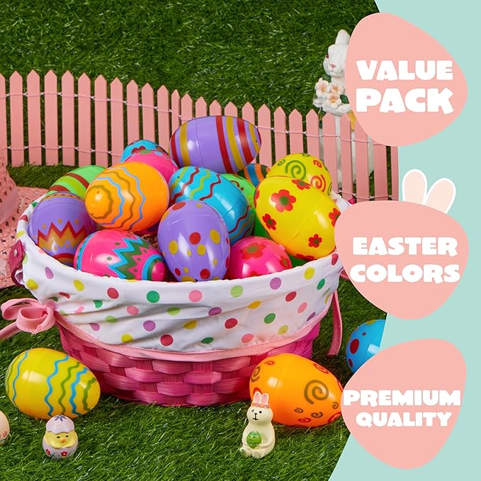 JOYIN Toy 24 PCs Plastic Printed Bright Easter Eggs, Over 3.15'' Tall Fillable Empty Eggs Bulks for Easter Hunt, Basket Stuffers Fillers, Classroom Prize Supplies, Filling Treats and Party Favor