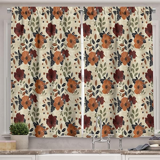 Ambesonne Floral Kitchen Curtains, Vintage Illustration Print of Farmhouse Flowers and Leaves Plain Back, Window Drapes 2 Panel Set for Kitchen Cafe Decor, 55" x 30", Maroon Amber Grey Yellow