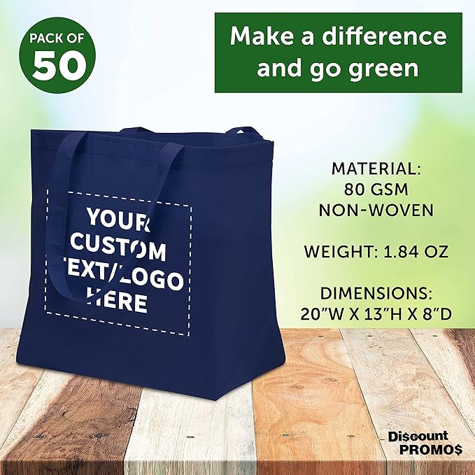 DISCOUNT PROMOS Custom Southern Style Grocery Tote Bags Set of 50 - Personalized Bulk Pack, Reusable Grocery & Shopping Bags - Great for Travel, Business Promotions - Navy Blue - 20"X13"X8"