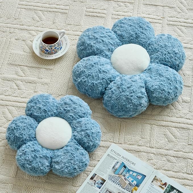 Flower Pillows, Decorative Throw Pillow with Soft Plush for Couch, Flower Shaped Pillow Home Decor Daisy Pillow for Bed (Grey Blue, 14.9 Inches)