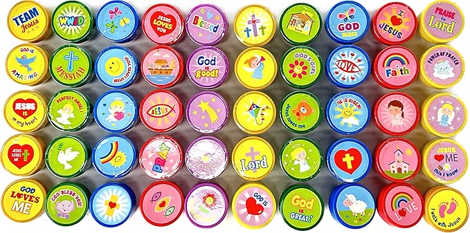 TINYMILLS 50 Pcs Religious Stampers for Kids – Assorted Christian Self Inking Stamps, Religious Prizes, Carnival Prizes, Vacation Bible School VBS, Sunday School & Church Event Giveaways
