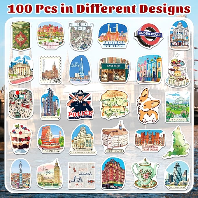 200 PCS London Stickers, British Travel Stickers for Laptop Water Bottle Scrapbook Journal, Vinyl London Travel Souvenirs Decals for Women Men Adults