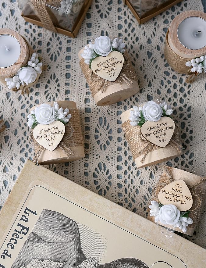 10 Piece Set of Wooden Tealight Candle Holders, Wedding Party Guest Favors, Thank You Favors, Return Gifts, Bridal Shower, Bithday Party , Housewarming Gifts for Guests. (Light Brown)