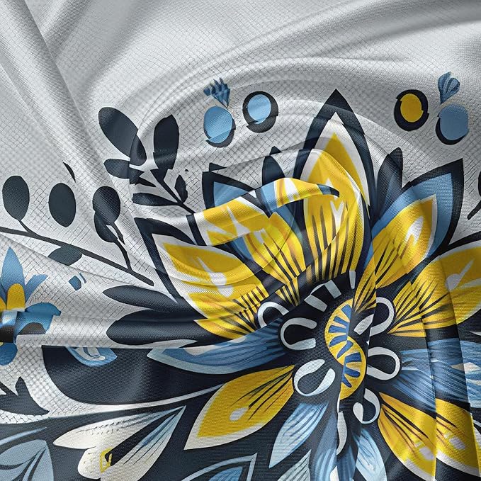 Ambesonne Farmhouse Valance & Tier Curtain 3 pcs Set, Ethnic Flower and Leafy Branch Ornaments with Barn Rooster Field Garden Print, Window Treatments for Kitchen Room Decor, 55" x 36", Blue Yellow
